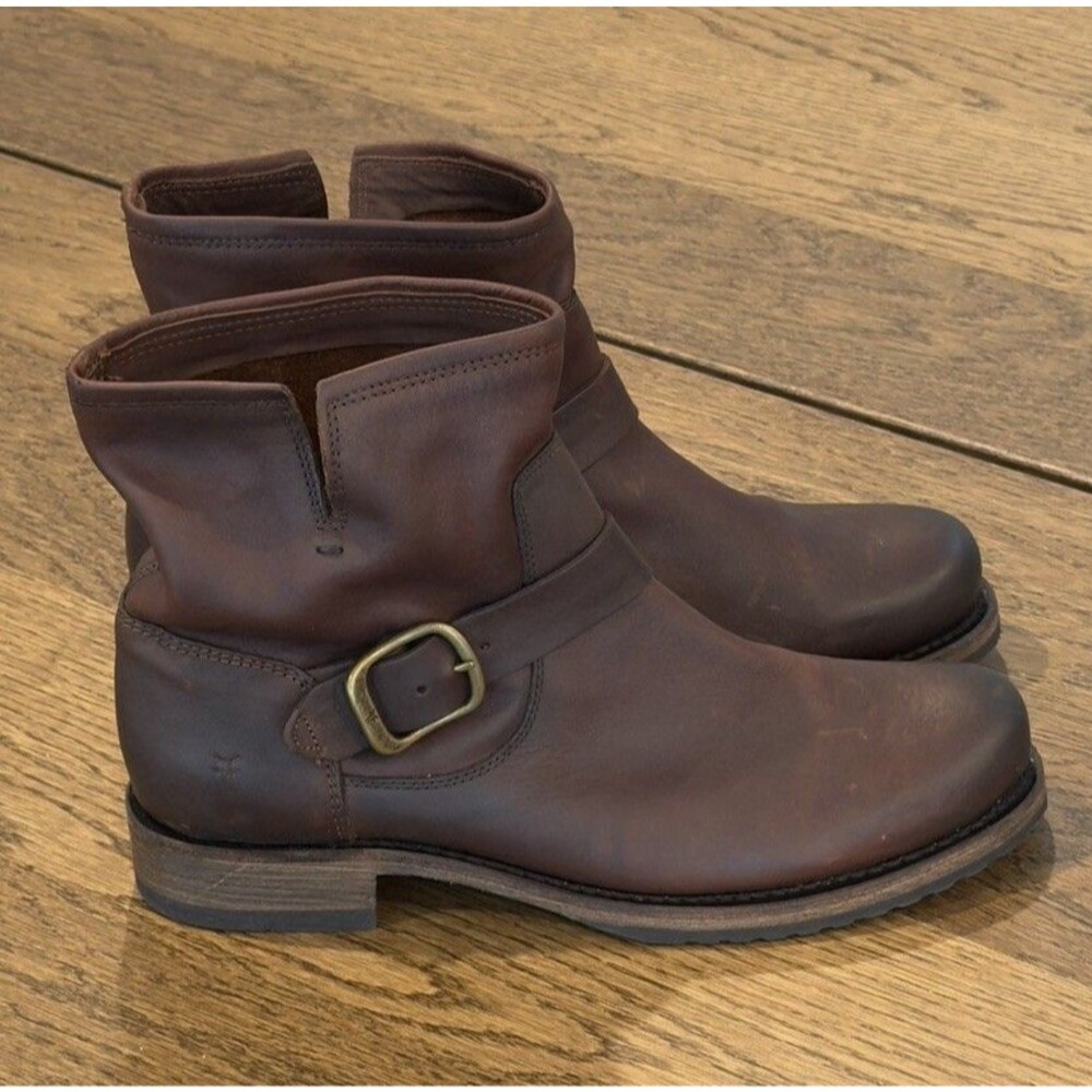 Frye Veronica Leather Bootie Redwood Brown Moto Ankle Boots Womens Sz 9B Buckle